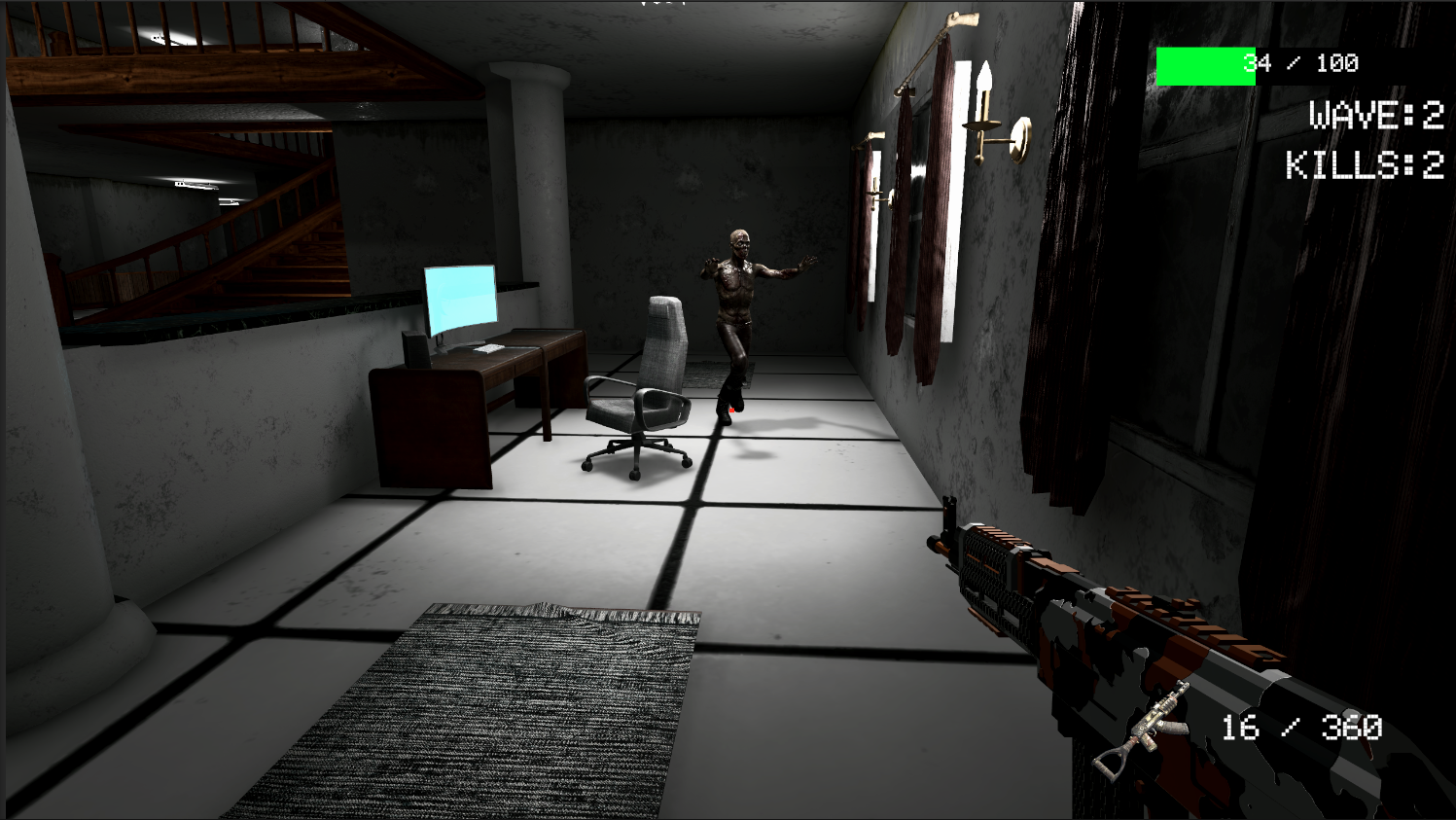 First-person shooter gameplay scene aiming at approaching zombies in a 3D environment